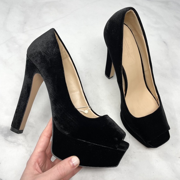 NWT Zara Plush Velvet Squared Open-Toe Platform Block Stiletto Heels Retro Mod